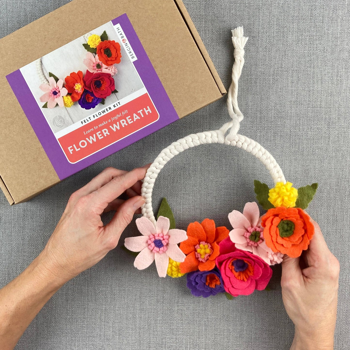 Felt flower and macrame kit. Make a bright spring wreath.