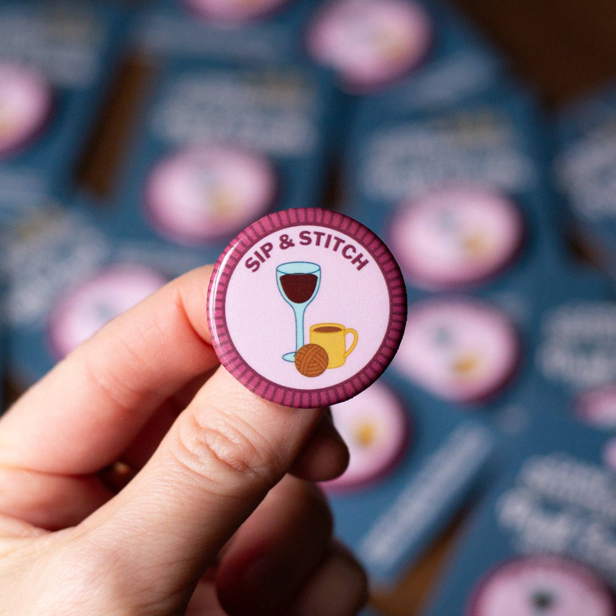 Sip & Stitch Merit Badge – Weave & Wander Yarn Shop