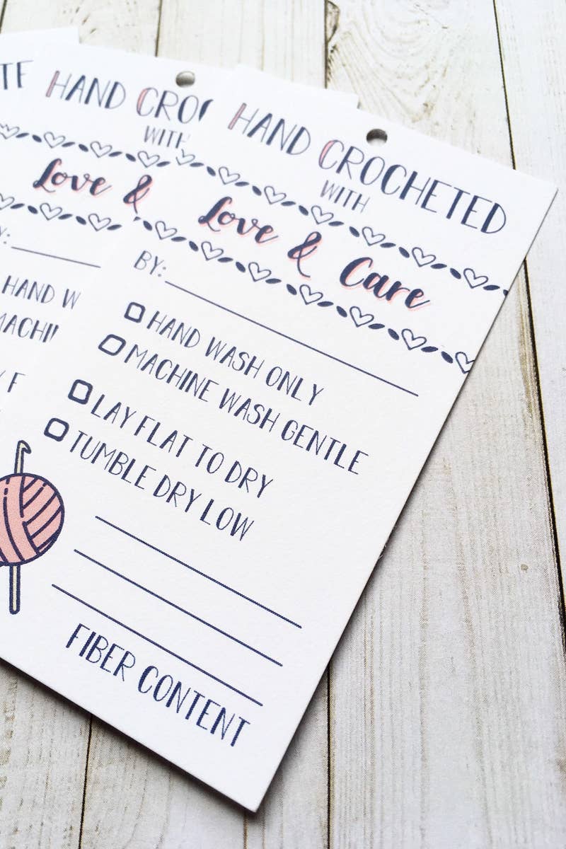 Set of 10 Hand Crochet with Care Instruction Tags