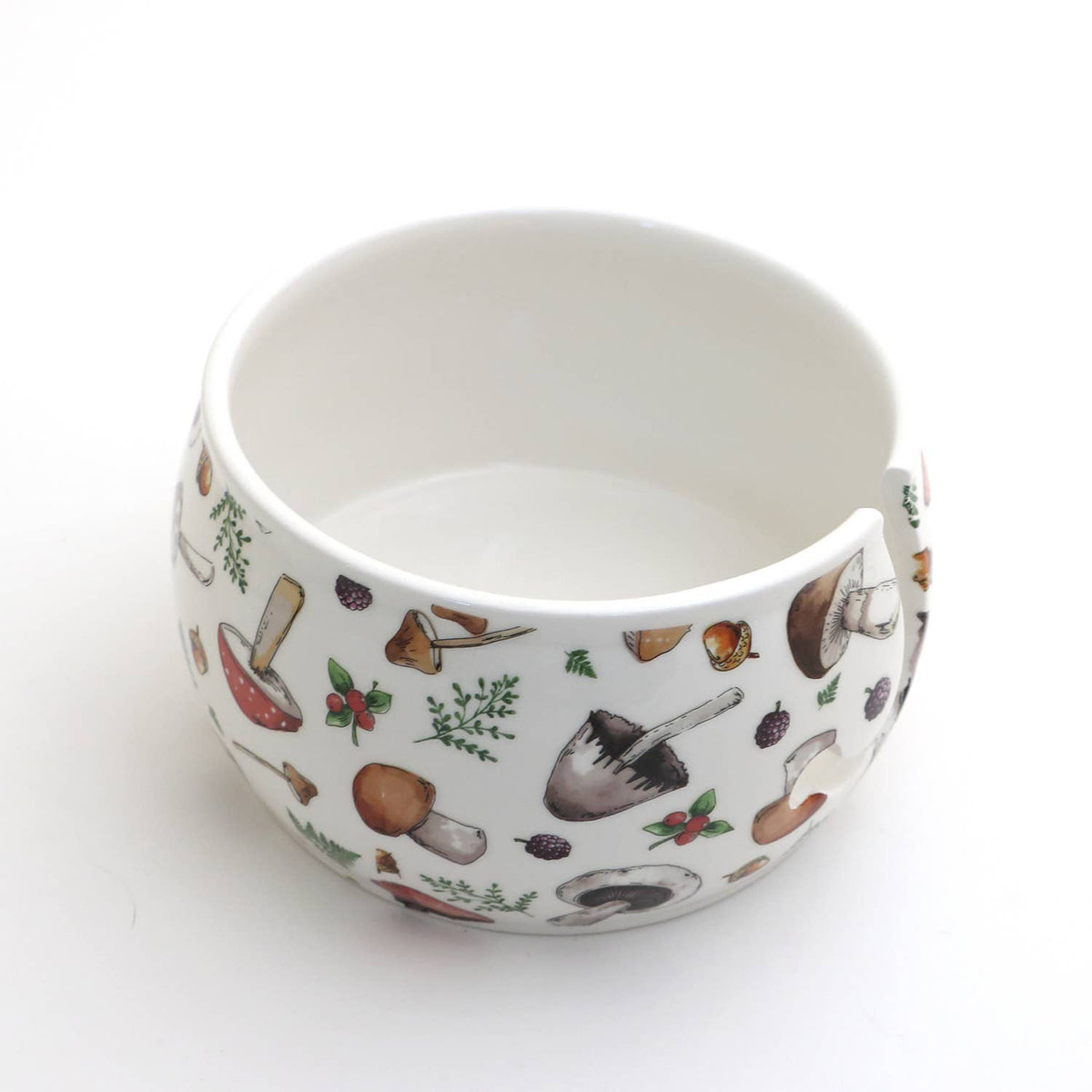 Ceramic Yarn Bowl, FULL WRAP Mushrooms crochet or knitting