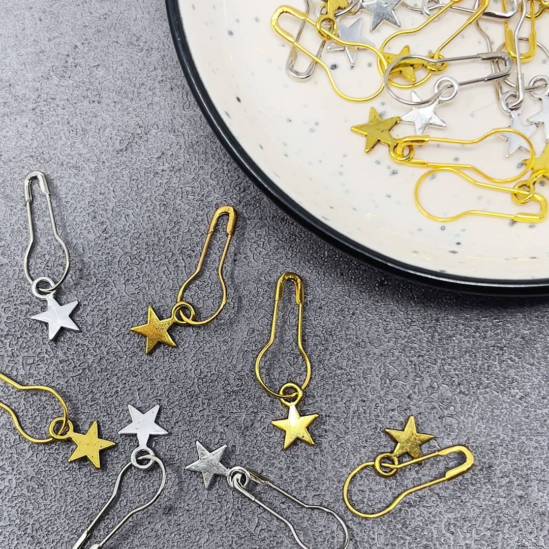 Silver and Gold Stars Stitch Markers, Crochet and Knit Tools