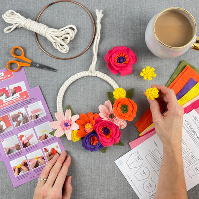 Felt flower and macrame kit. Make a bright spring wreath.