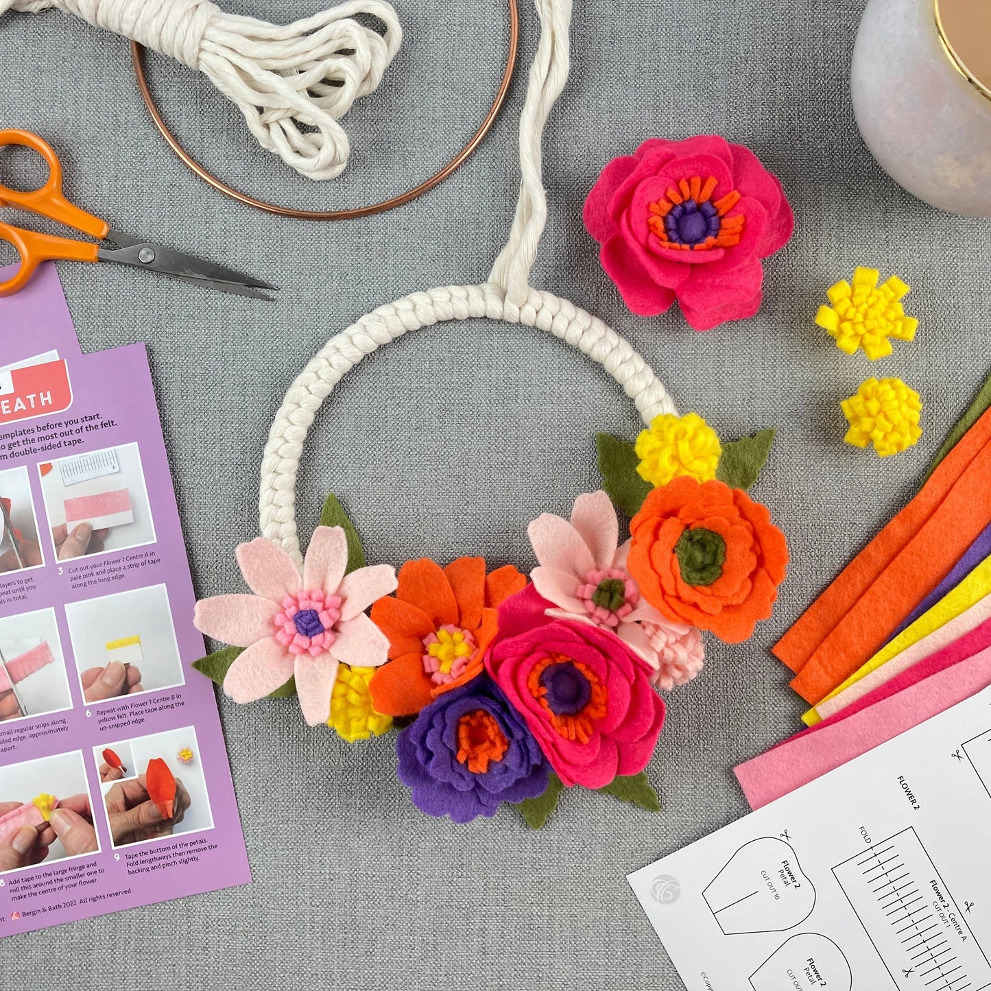 Felt flower and macrame kit. Make a bright spring wreath.