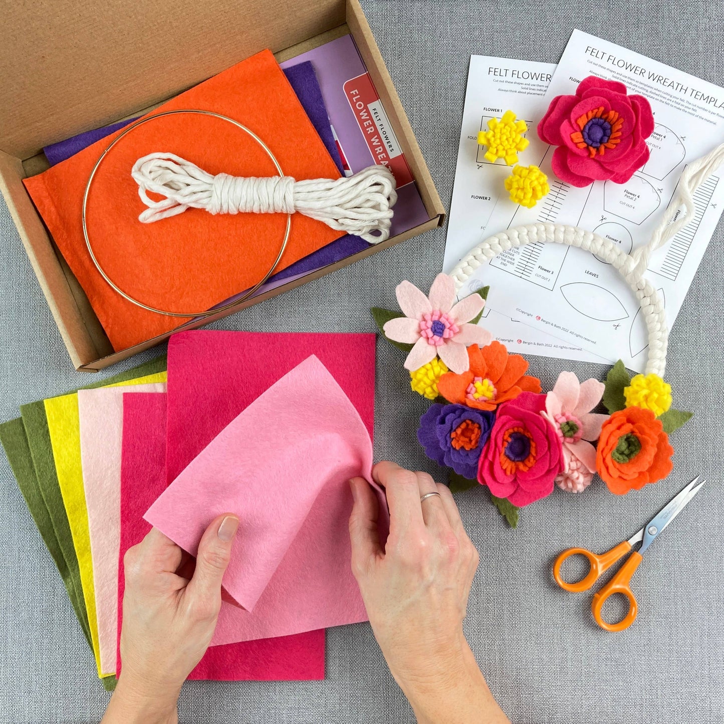 Felt flower and macrame kit. Make a bright spring wreath.